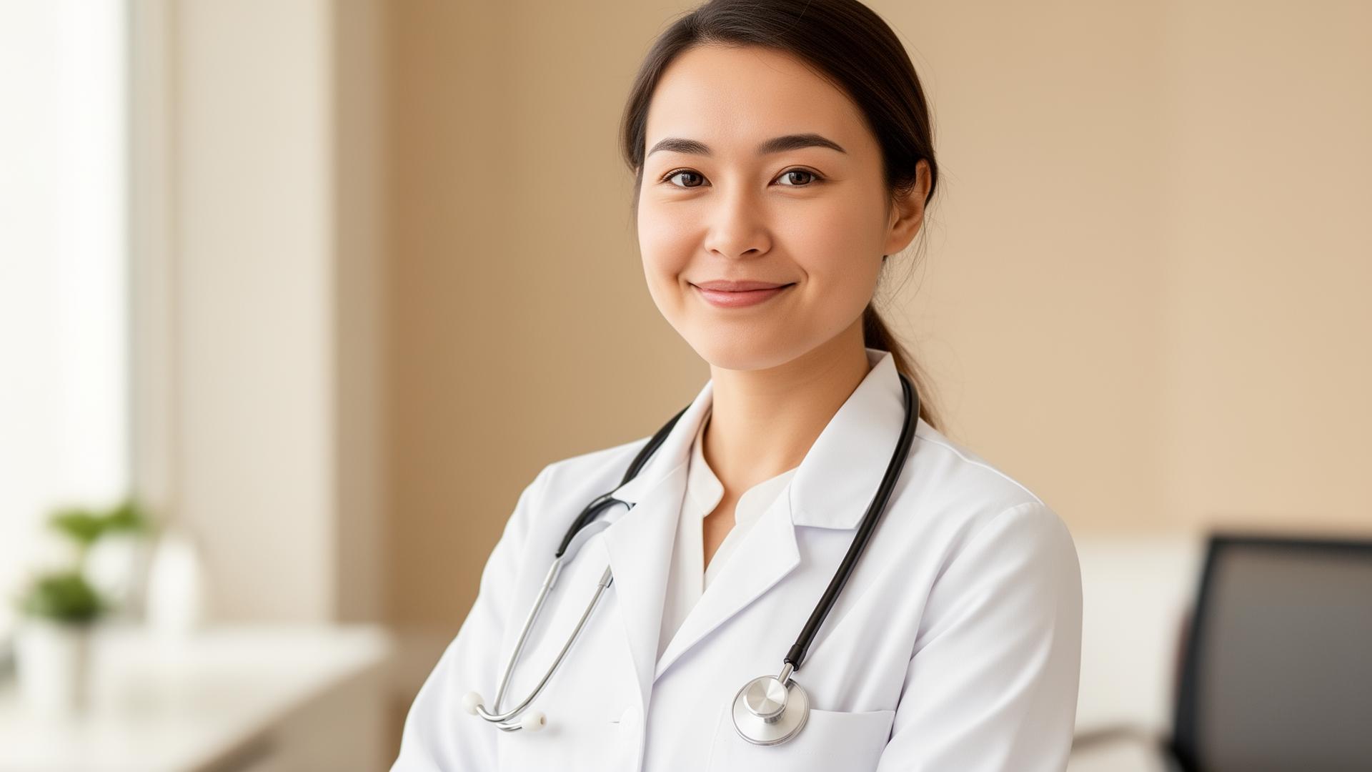 Médica num ambiente clínico moderno